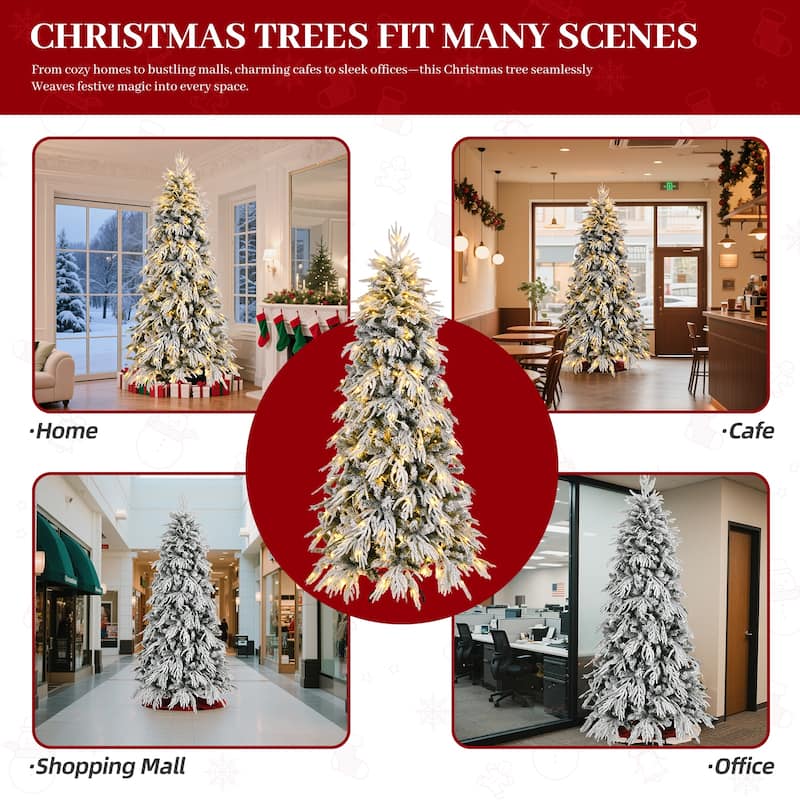 7ft/8ft Slim Flocked Pre-Lit Christmas Tree with 767/950 Tips and 250/350 Warm LED Lights, Metal Stand