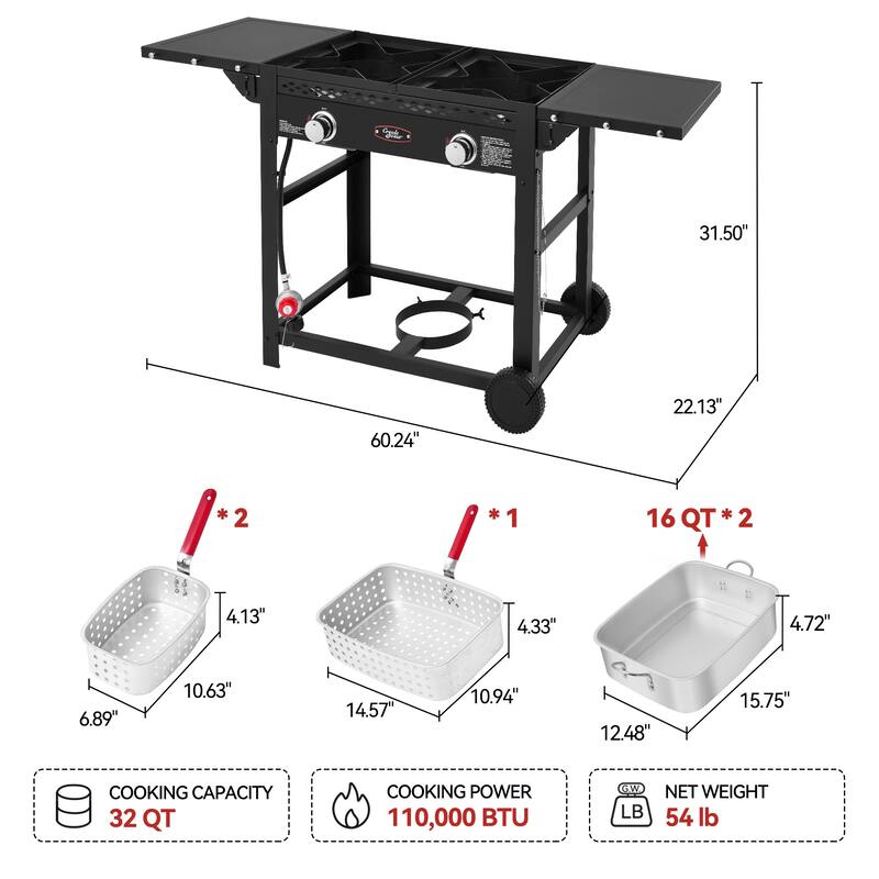 Royal Gourmet PFC100 Outdoor Propane Deep Fryer with Dual Tank, Two 16 QT Aluminum Pots with Baskets