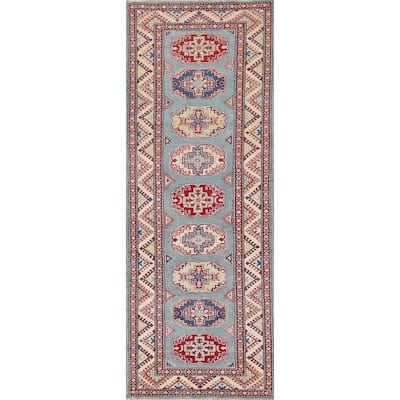 Light Blue Kazak Runner Rug Handmade Wool Carpet - 2'11" x 9'7"