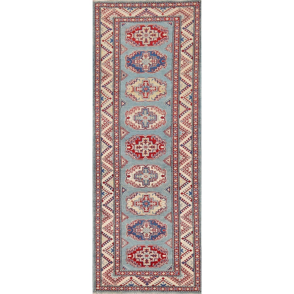 Light Blue Kazak Runner Rug Handmade Wool Carpet - 2'11" x 9'7"