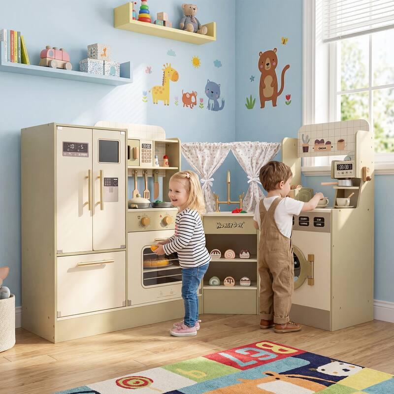 Gymax Kids Corner Play Kitchen w/Faucet Dishwasher Stoves Coffee
