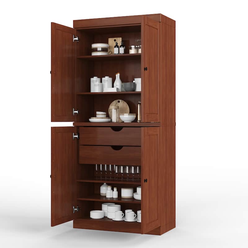 Solid Wood Tall Freestanding Kitchen Pantry Cabinet with Doors & 2 Drawers, Adjustable Shelves, Modular Storage, 32" W x 71.5" H