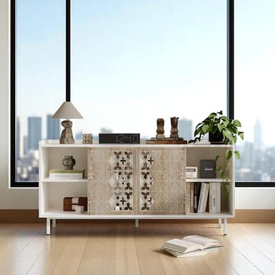 Rustic White Sliding Door Sideboard Cabinet with Shelves - Farmhouse Buffet Console for Dining Room Storage