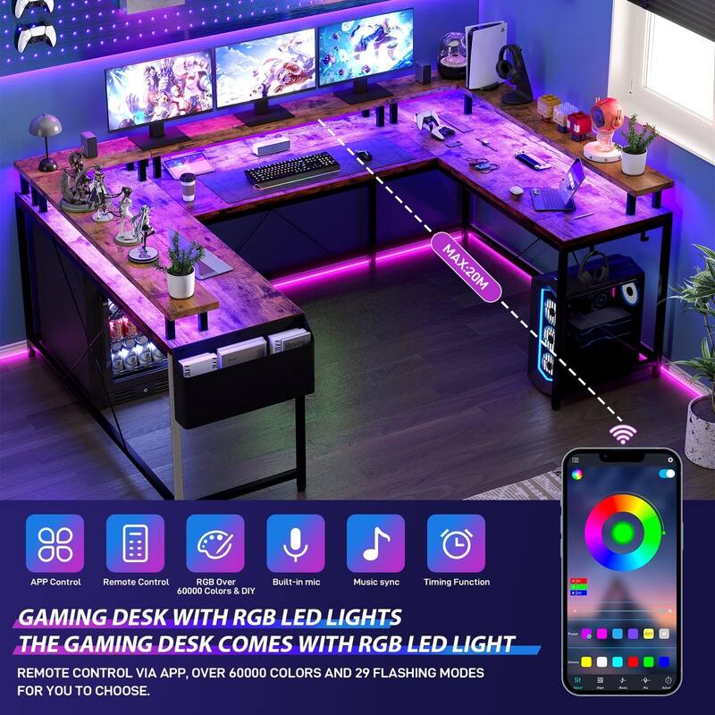 U Shaped Desk, 126 Inch Gaming Desk with Monitor Stand and LED Lights