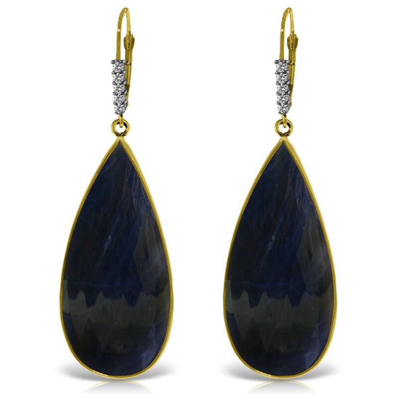 14K Solid Gold Diamonds Leverback Natural Sapphire Gemstone Earrings - Yellow