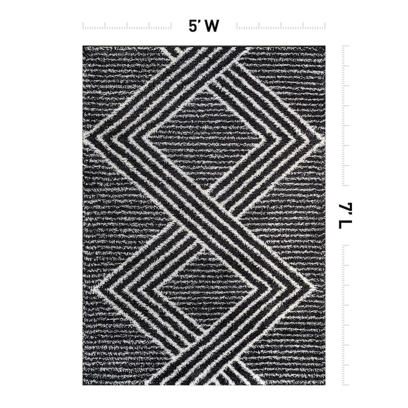 Abstract Geometric Shag Rug - Anthracite Dark Gray - Medium Pile Rug - Kid & Pet Friendly