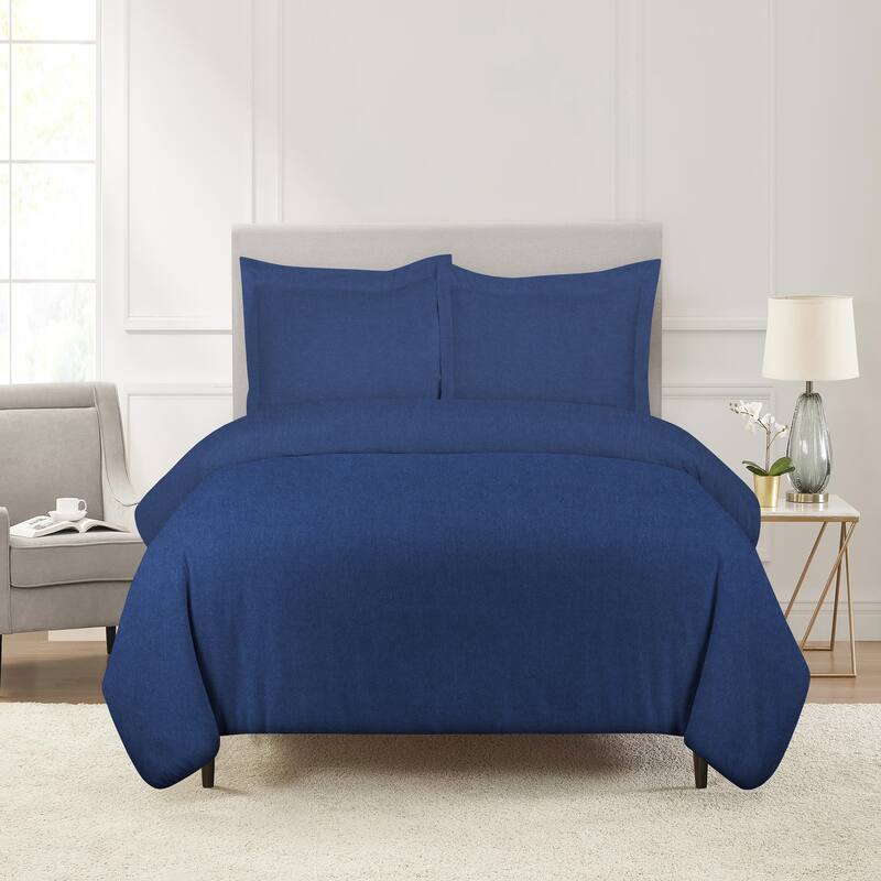 Pointehaven Flannel 180 GSM Brushed Soft Cotton Oversized Solid Duvet Sets - Full - Queen - Heather Denim