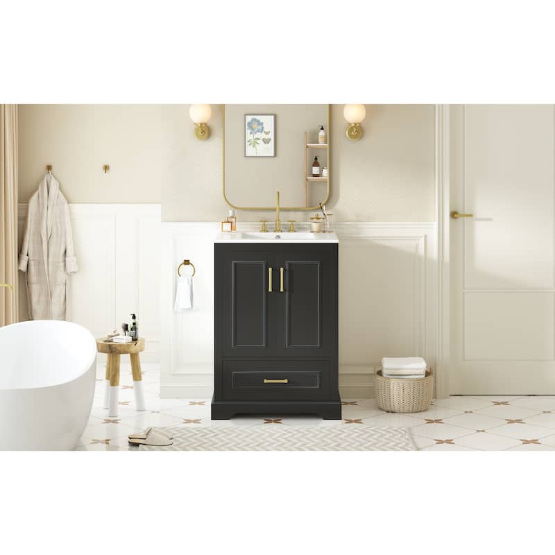 24"Bathroom Vanity With Sink,1 Divided Drawer And 2 Soft Close Doors With Double Shelf On The Door