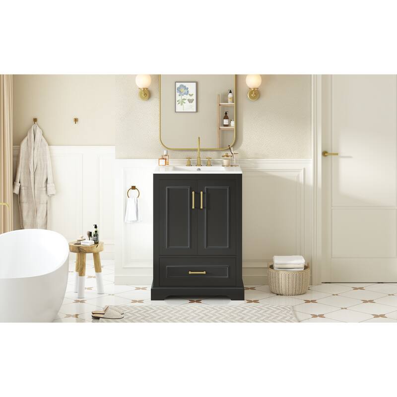 Bathroom Vanity with Ceramic Sink, Freestanding Bathroom Cabinet with Double Shelf, 1 Divided Drawer & 2 Soft Close Doors