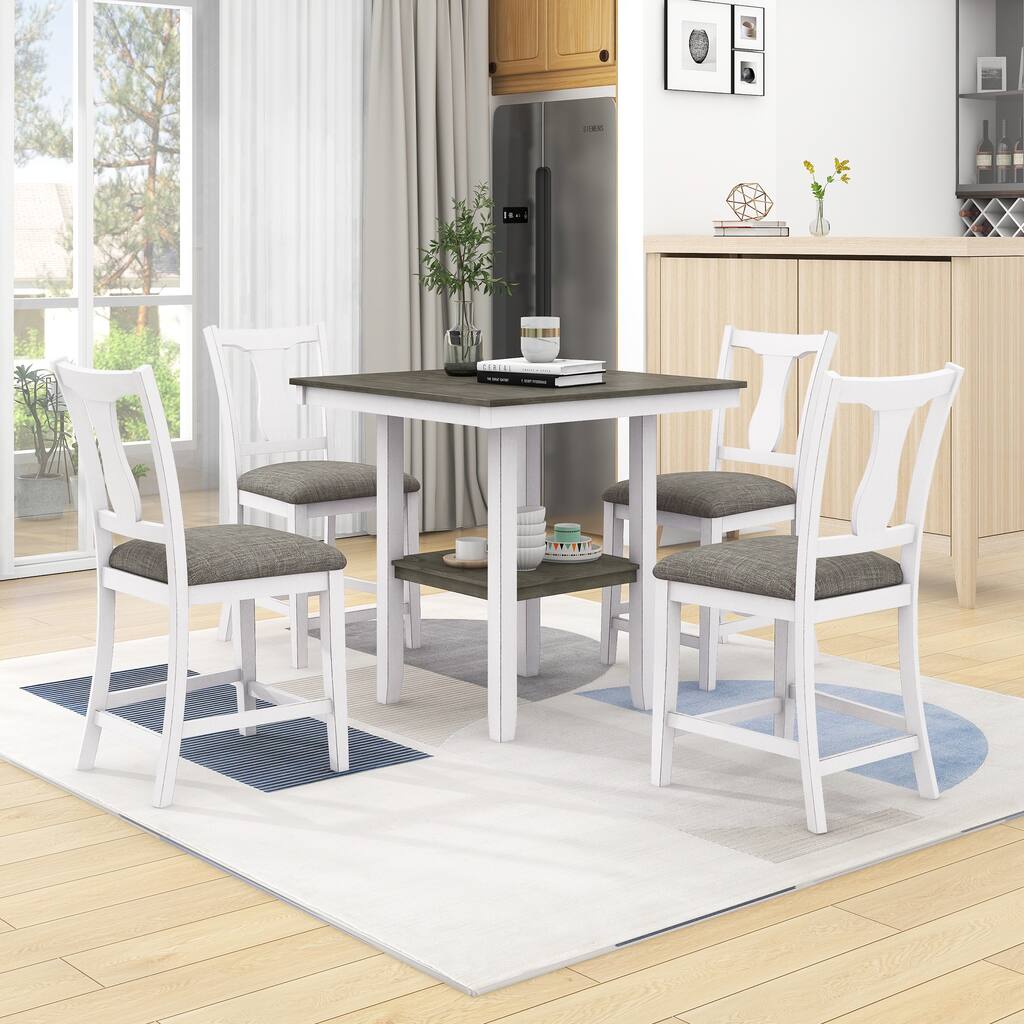 5-Piece Wood Counter Height Dining Table Set with Storage Shelf, Square Table and 4 Upholstered Chairs, Antique White