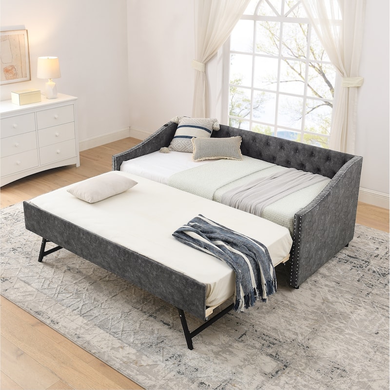 Twin Size Daybed with Pull Out Bed Trundle, Upholstered Button-Tufted Backrest Sofa Bed with Nailhead Trim & USB Charging Ports - Grey - Twin