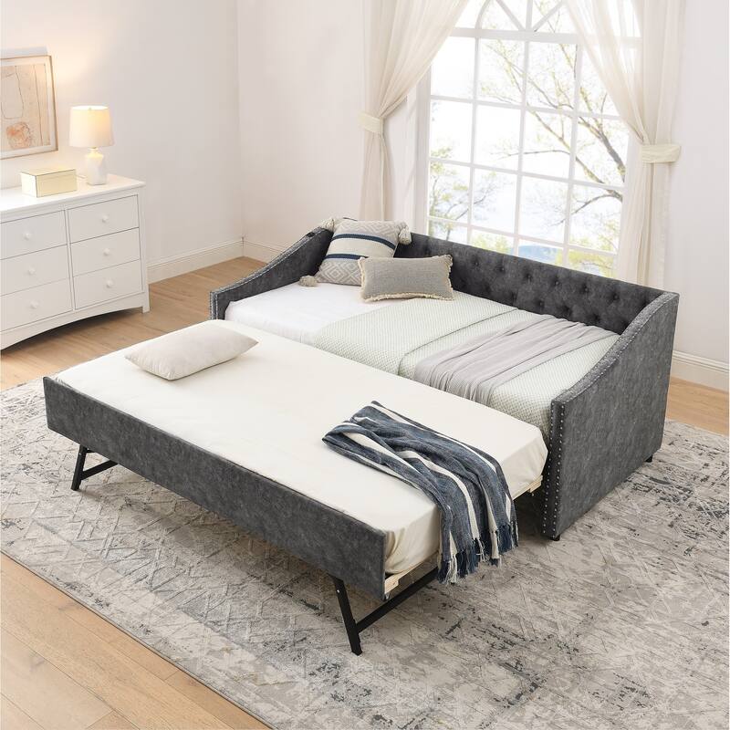 Twin Size Extendable Daybed with Pull-Out Bed, USB Charging Ports, Button Tufted Back & Nailhead Trim