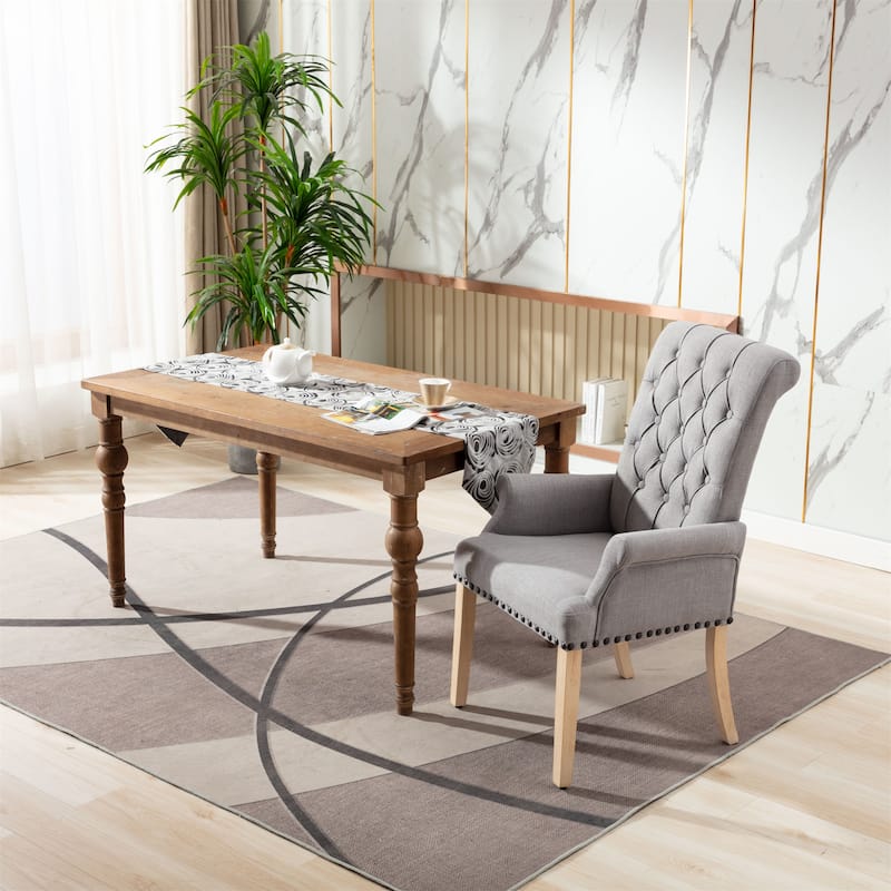 Fabric Upholstered High Back Arm Dining Chair with Oak Wood Legs