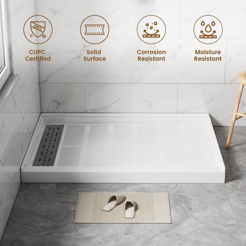 48 in. x 36 in. Elegant White Single Threshold Anti-slip SMC Rectangular Shower Base with Drain and Stainless Steel Drain Cover