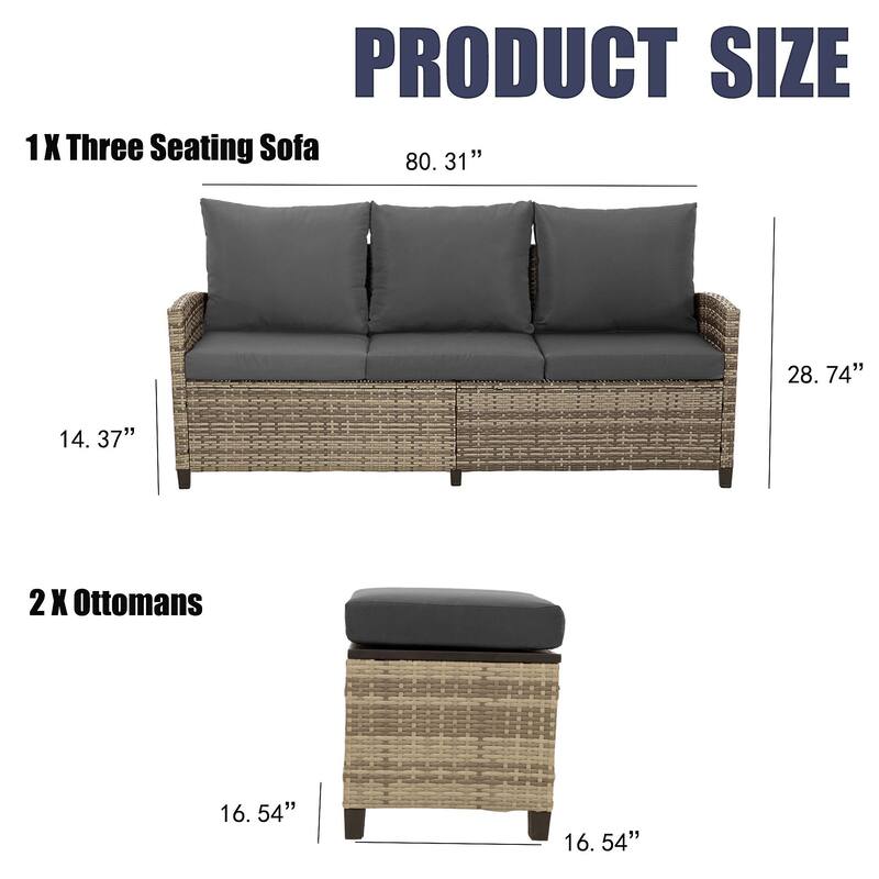5-Piece 3-Seater Outdoor Wicker Sofa Couch with Gray Cushions
