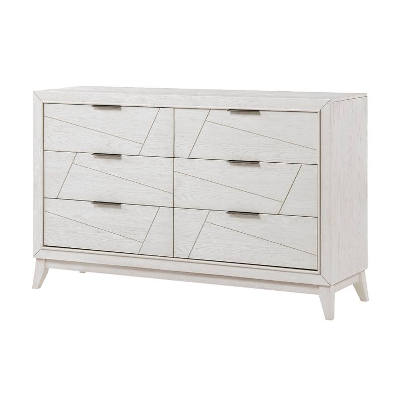 Zine 62 Inch Dresser, 6 Drawers, Antique White Wood, Black Handles