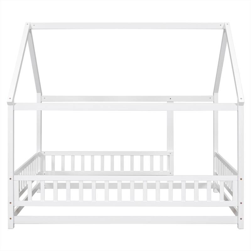 Full Size Floor Wooden Bed with House Roof Frame, Fence Guardrails