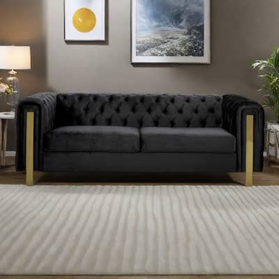 83.75" Velvet 3-Seater Sofa with Tufted Diamond Stitching, Gold Accents, and Iron Legs