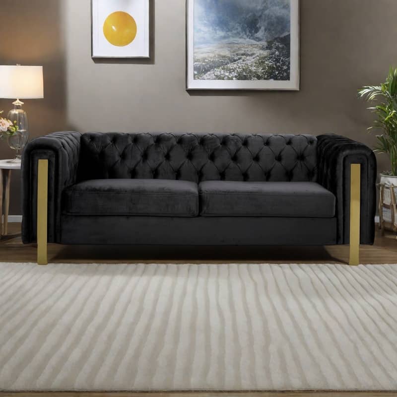 83.75" Velvet 3-Seater Sofa with Tufted Diamond Stitching, Gold Accents, and Iron Legs