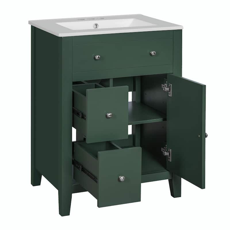 24" Modern Bathroom Vanity with Ceramic Basin - Restroom Sink Cabinet with 2 Drawers