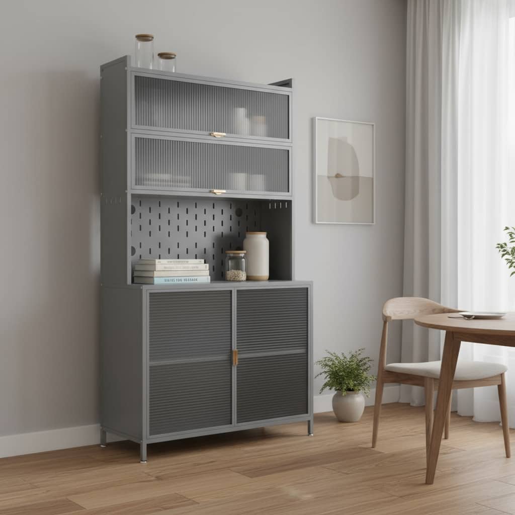 HomeRoots 73" Gray Stainless Steel Textured Door Dining Hutch With Two Doors