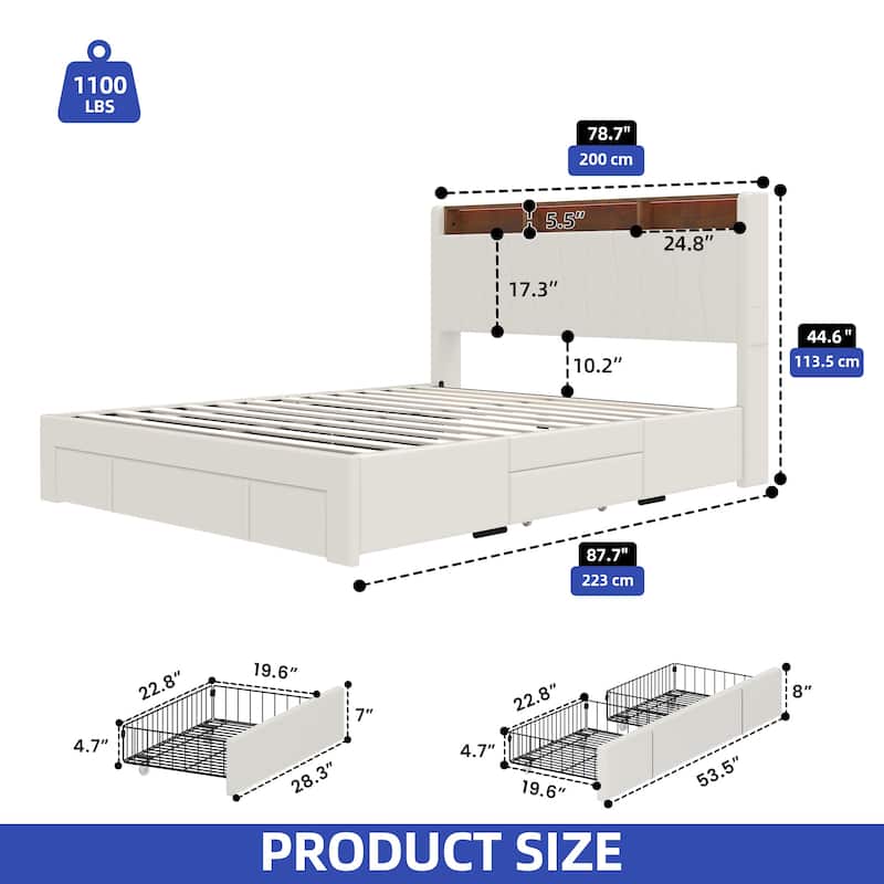 Upholstered Storage Bed with 5 Storage Drawers LED Headboard USB Ports