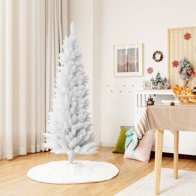 Gymax 5/6/7 FT Artificial Pencil White Christmas Tree Leafy Unlit Slim - 5 Foot