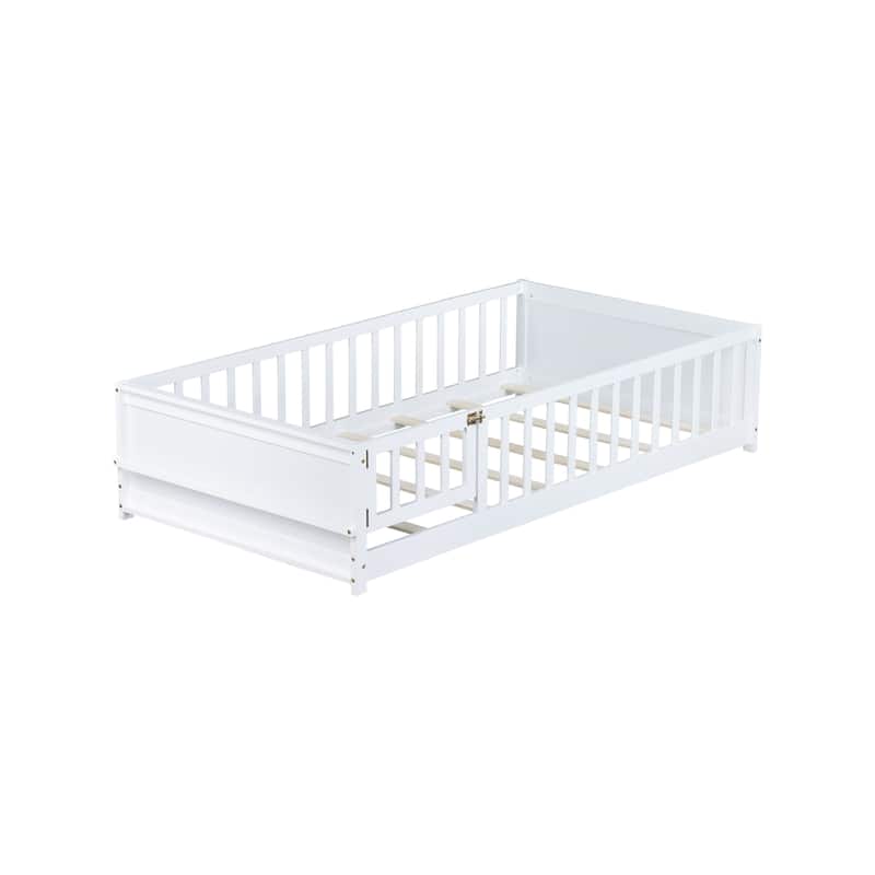 Twin Floor Bed with Built-in Bookcase and Safety Door Rubber Wood Low Profile