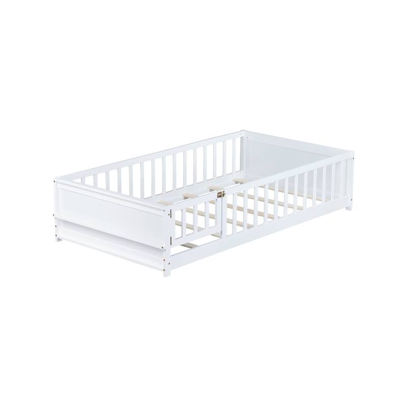 Twin Size Floor Bed with Built-in Book Rack and Safety Door, White