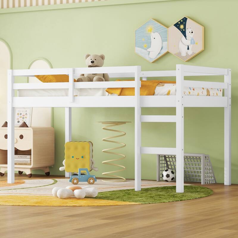 Twin Size Rubber Wooden Loft Bed with Ladder, Bed Platform of Strengthened Slats - White