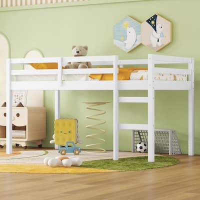 White Twin Size Rubber Wooden Loft Bed with Ladder, Bed Platform of Strengthened Slats