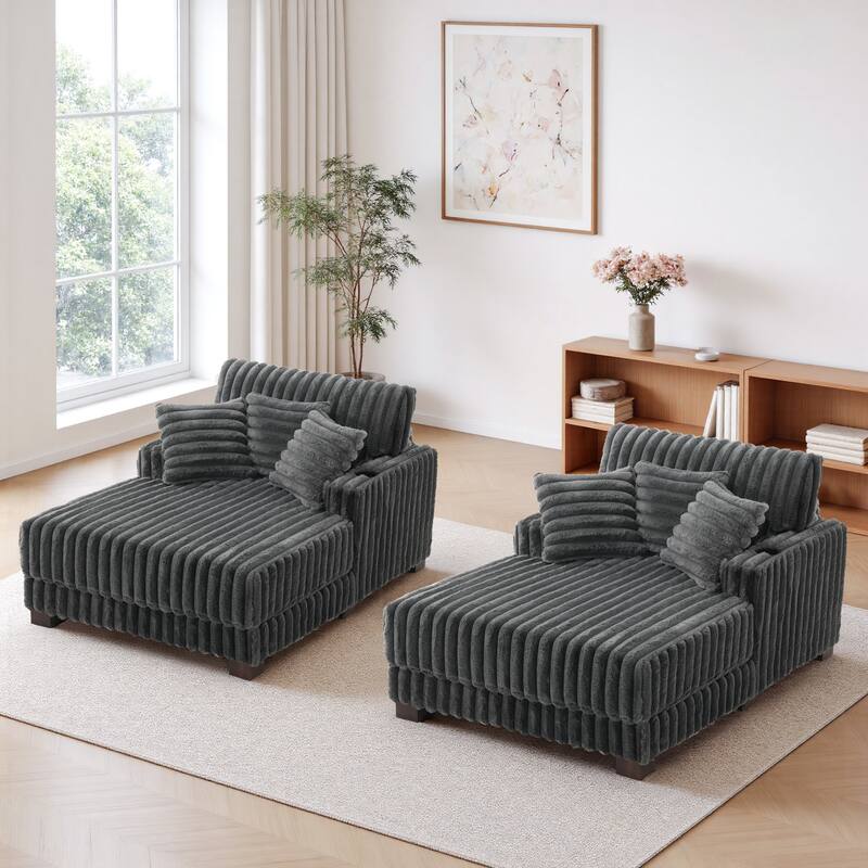 2-Piece Flannel Chaise Lounge Sofa Bed Set with Cup Holder