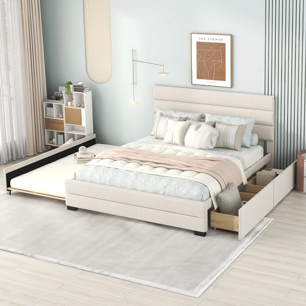 slide 2 of 10, Queen Size Upholstered Platform Bed with Twin Size Trundle Storage Bed Frame and 2 Drawers for Kids Teens Adults Beige