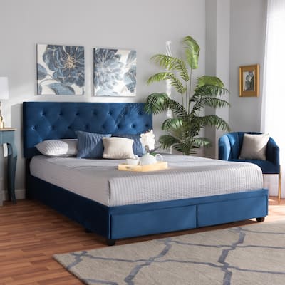 Navy Blue Velvet Queen Bed with Storage Modern Platform Bed Frame, 2 Drawers, Headboard Included