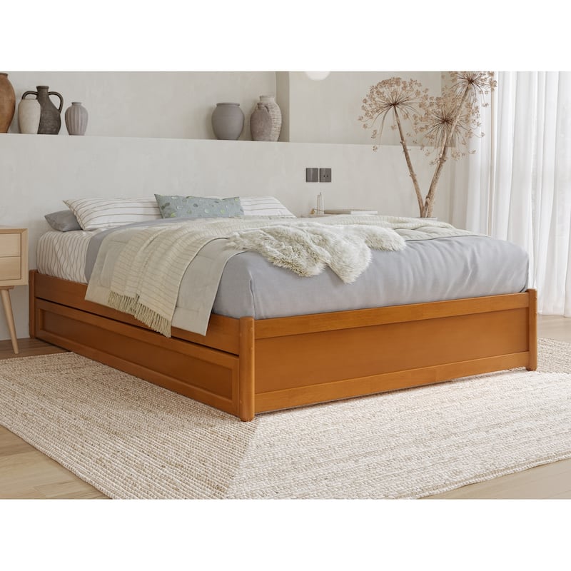 Full Panel Bed w/ Twin Trundle - Easy Glide, Strong Support - Light Toffee Finish