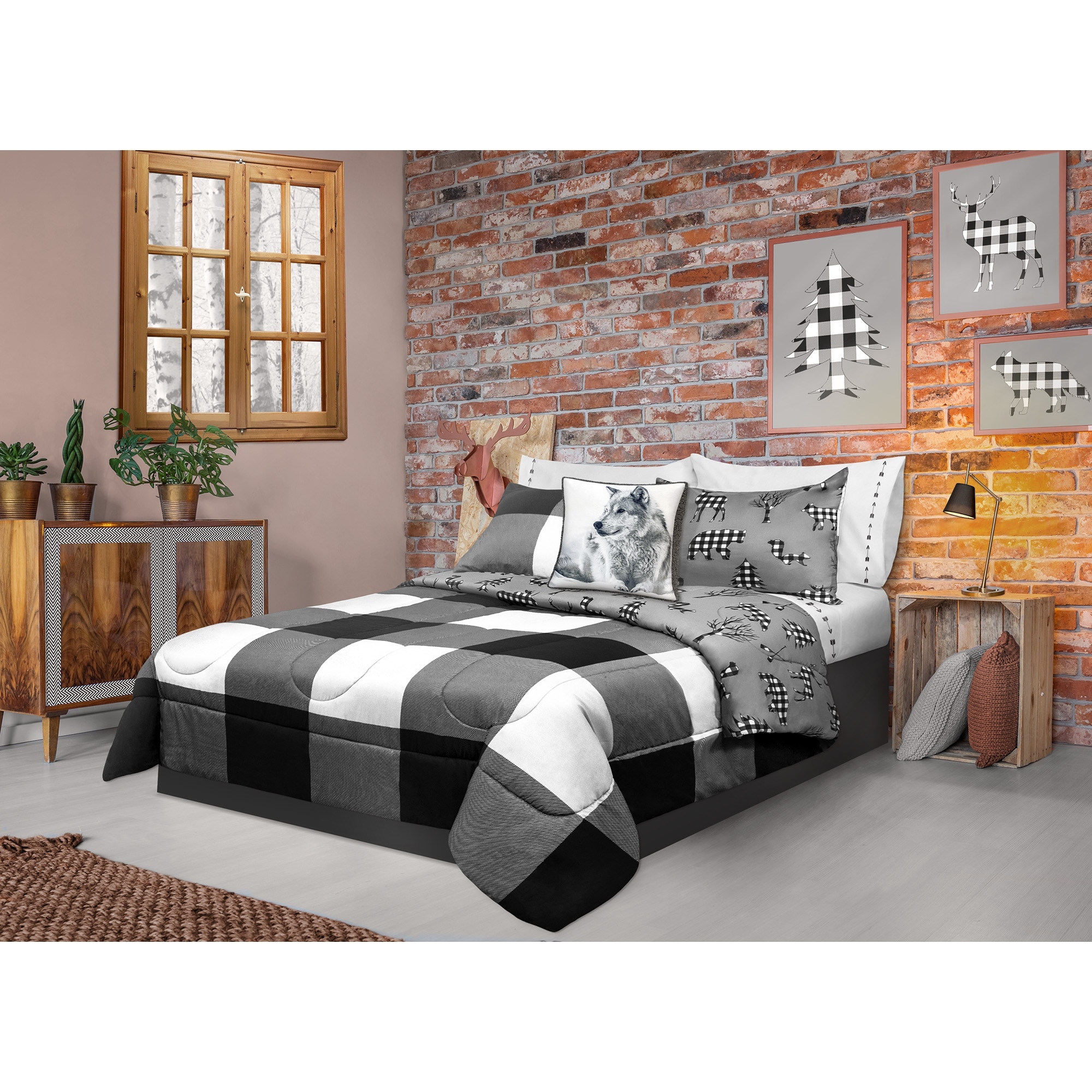 Comforter 3 Piece Set Full Queen Printed Buffalo Plaid White Black