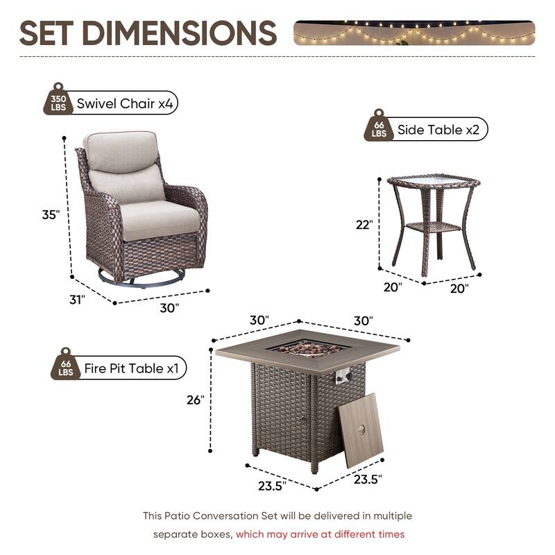 Pocassy Outdoor Propane Fire Pit Table with Sofa Swivel Chair Funiture Set.