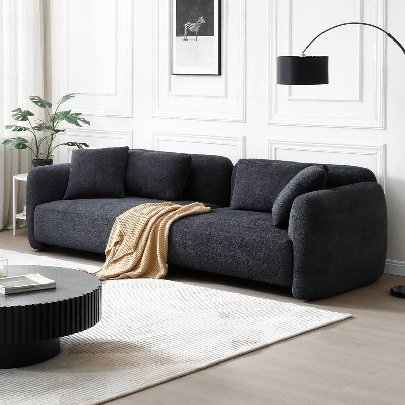 Teddy Velvet Sofa, Mid Century Sofa 3 Seater Couch with 4 Pillows for Bedroom, Living Room, Lounges, Office, Apartment - Black