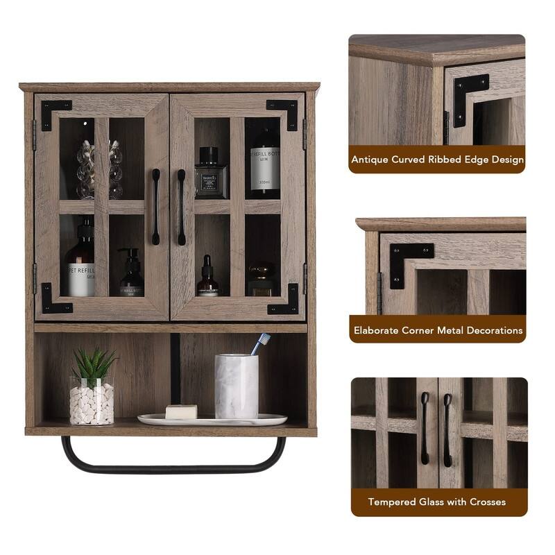 Wood Wall Storage Cabinet with Cross Glass Doors - 8.27"D x 19.3"W x 26.3"H