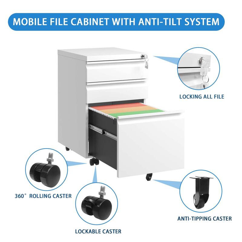 Anmytek White 3 Drawer Mobile Locking Metal File Cabinet Fully Assembled for Home Office Letter Legal A4 Storage