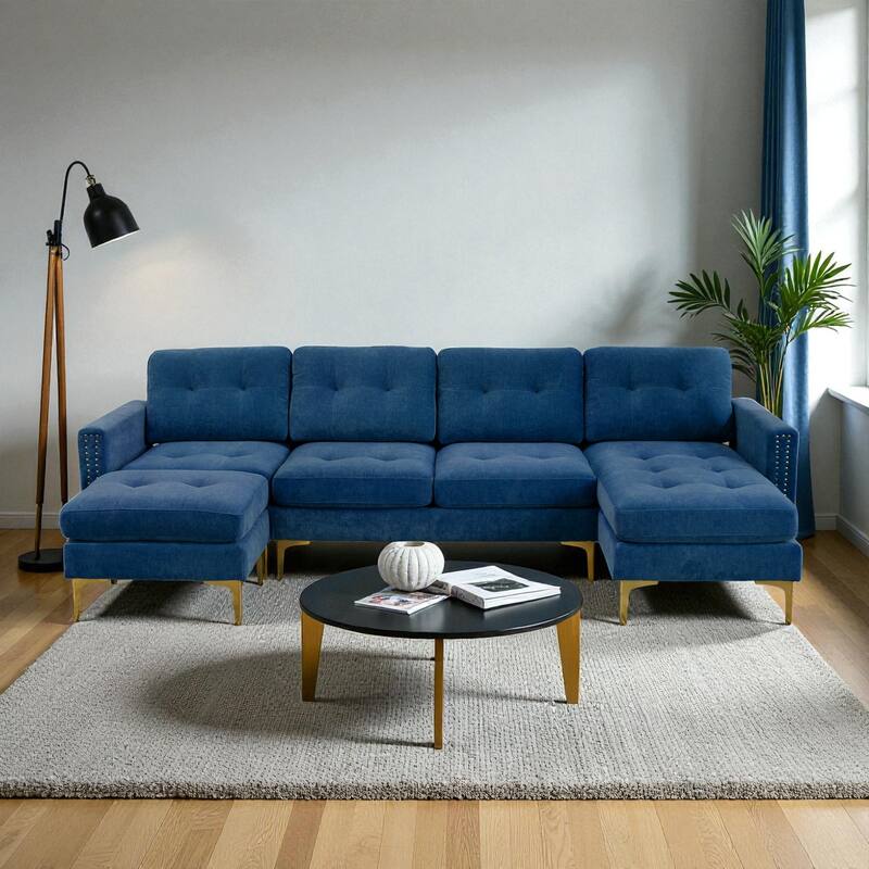 110.6" L-Shaped Convertible Velvet Sectional Sofa with Movable Ottoman and Storage Pockets for Living Room - Blue