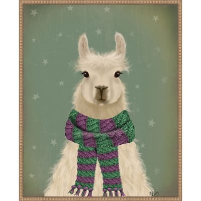 Llama with Purple Scarf, Portrait by Fab Funky (23 x 28 in.), Framed Canvas Wall Art Print - Sylvie Beaded Rustic Natural