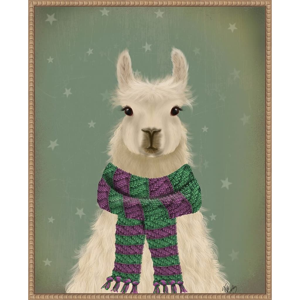 Llama with Purple Scarf, Portrait by Fab Funky (23 x 28 in.), Framed Canvas Wall Art Print - Sylvie Beaded Rustic Natural