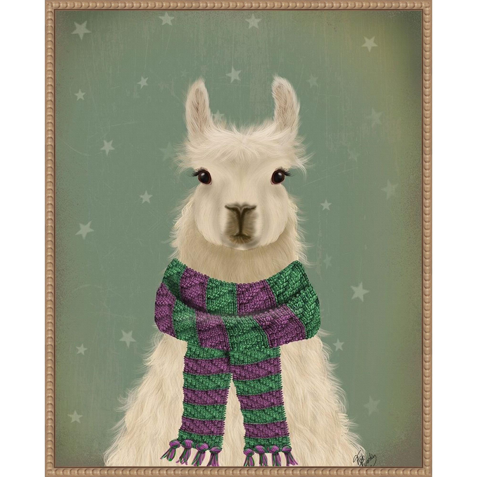 Llama with Purple Scarf, Portrait by Fab Funky (23 x 28 in.), Framed Canvas Wall Art Print - Sylvie Beaded Rustic Natural