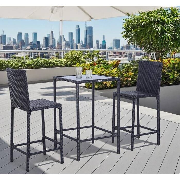 GDFStudio Outdoor Thalassa PE Rattan Bar Set with Glass Top Table and 2 Bar Stools - Black