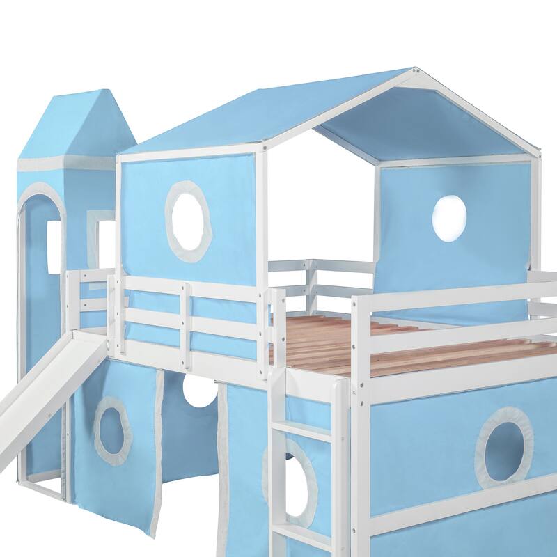 Full Size Loft Bed with Slide, Pink Tent, and Tower in Blue - Durable Pinewood Construction