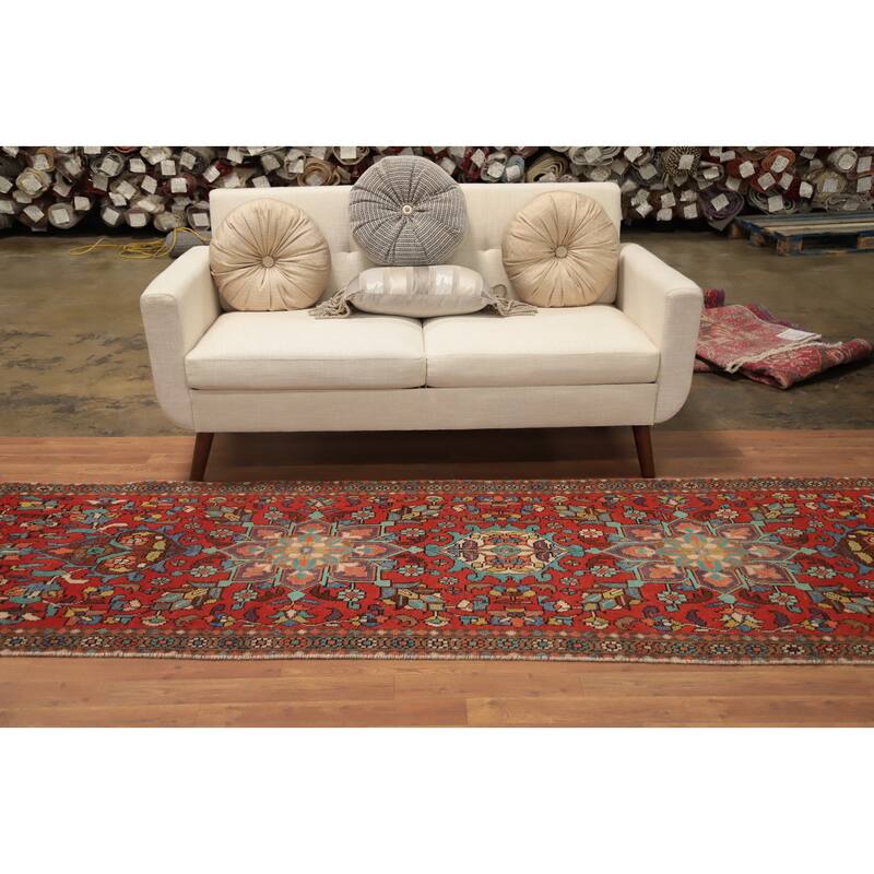 Hand Knotted Oriental 100% Wool Carpet Traditional Floral Red Tabriz Runner Rug - 10' 6'' X 3' 1''