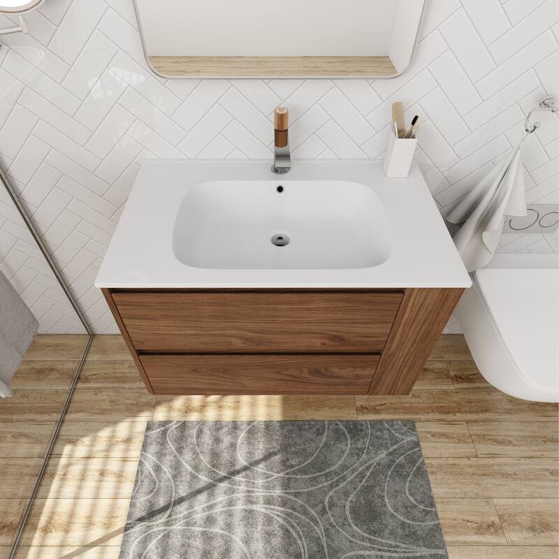 30" Wall-Mounted Bathroom Vanity with Gel Basin, Soft-Close 2/3 Extended Drawers, Adjustable Side Rack