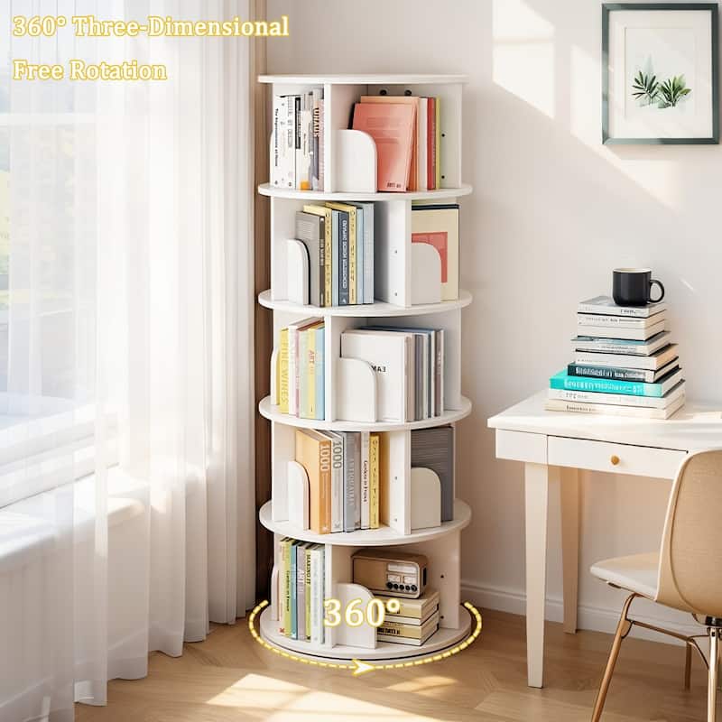 GDF Studio -Purling Modern 5-Tier Wood Rotating Bookshelf with 360-Degree Space-Saving Design - White