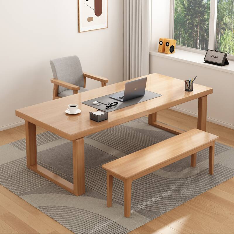 3 Piece Dining Table Set, Includes 1 Table, Upholstered Chair & Bench, Natural Wood - 63"Desk+55.1"Bench